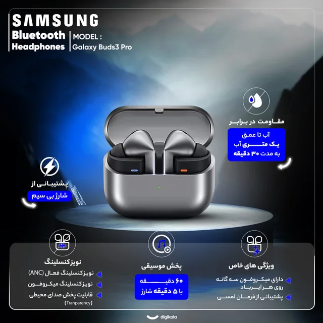 هدفون بلوتوثی سامسونگ مدل Galaxy Buds3 Pro دارای نویز کنسلینگ فعال (ANC)، درگاه شارژ USB T 102475866