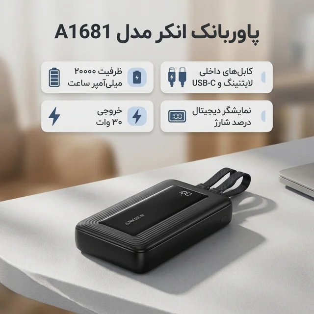 پاوربانک انکر مدل A1681 ظرفیت 20000 میلی آمپر ساعت به همراه کابل لایتنیگ و کابل USB Type-C 102541370